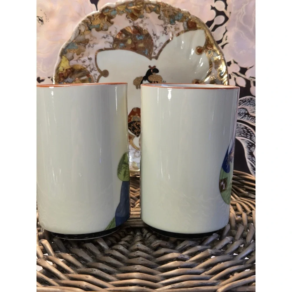 Vintage Japanese Geisha Tea Cups with Antique Japanese‎ Kutani Geisha Plate
